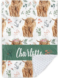 Personalized Baby Name Blanket for Boy Girl, Soft Flannel Blanket with Double Layer Dotted Backing for Infant Newborn, Nursery Crib with Floral Highland Cow Design, Gifts for New Mom(30”x40)