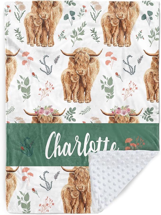 Personalized Baby Name Blanket for Boy Girl, Soft Flannel Blanket with Double Layer Dotted Backing for Infant Newborn, Nursery Crib with Floral Highland Cow Design, Gifts for New Mom(47" x60)