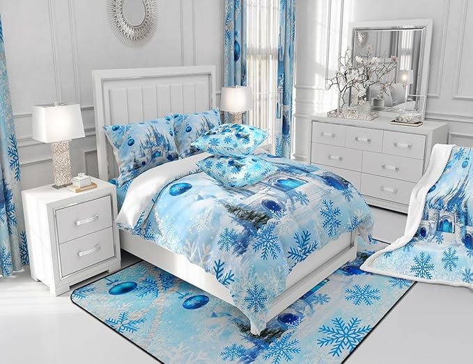 Dreamy Castle Full Size Comforter Set,Princess Blue Winter Snowflakes Bedding Comforters Bedroom Collection,Fairy Tale Theme Watercolor Christmas Bedding Set for Girls Teens