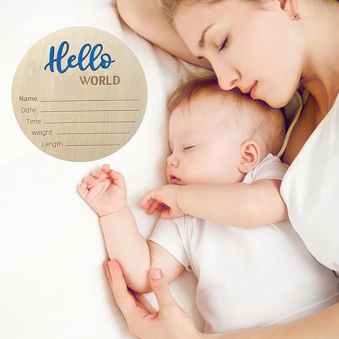 Baby Announcement Sign, 5.9 Inch Wooden Hello World Newborn Signs, Birth Announcement Sign, Baby Shower Hospital Nursery for Newborn Boys and Girls… (Blue)