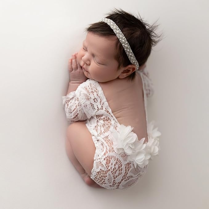 Newborn Lace Romper, 2 PCS Baby Girl Photography Props, Newborn Girl Photography Outfits with Flower Headband for Infants