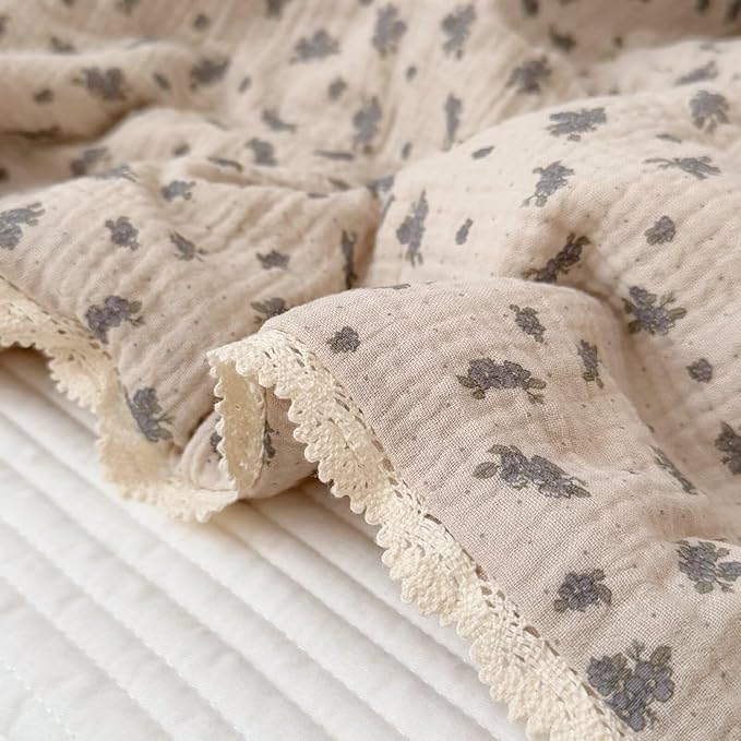 BuLuTu Vintage Orchid Flower Print Toddler Blanket Quilt with Chic Lace Edges, Soft Breathable Cotton Muslin Crib Blanket Toddler Bed Blankets Lightweight Kids Comforter, 47x59 Inches