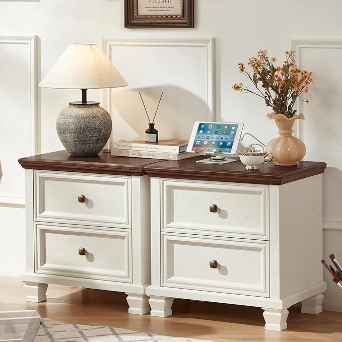 Farmhouse Bedroom Dresser and Nightstand Set of 4, 6 Drawer Tall & Low Dresser & 2 Drawer Nightstand Set, Rustic Wood Furniture Set for Bedroom, Hallway, White