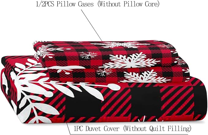 LUVIVIHOME 3PCS Christmas Duvet Cover Queen Bedding Set, White Snowflake Bear Woodland Animals Cabin Lodge Holiday New Year Xmas Checkered Black Red Buffalo Plaid Comforter Quilt Cover, 2 Pillow Cases