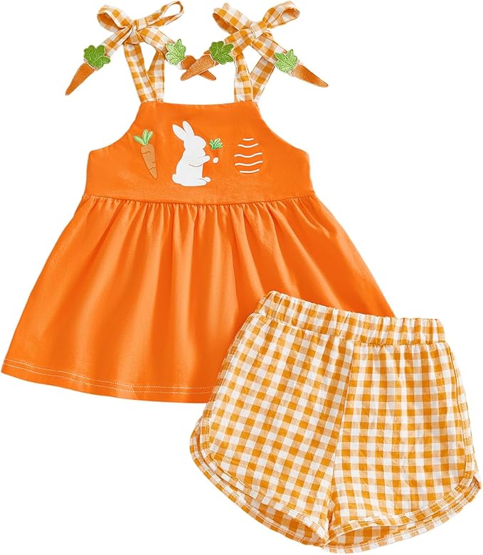 Thorn Tree Baby Girl Summer Outfits Sleeveless Easter Dresses for Toddler Girls Casual Plaid Shorts Bunny Spring Clothes