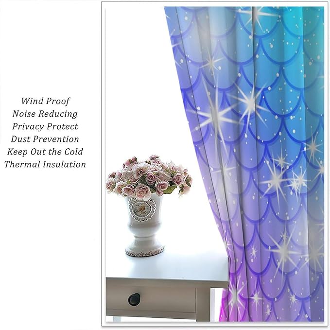Mermaid Blackout Curtains, Kids Cartoon Blue and Pink Ocean Mermaid Scale Pattern Decoration for Girls Bedroom Nursery Curtains 42x54 Inch