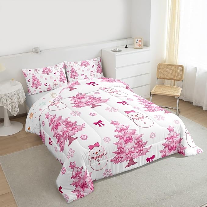 Feelyou Merry Christmas Kids Comforter Set King Size Cute Snowman Bedding Set Cartoon Bowknot Duvet Quilt for Kids Boys Girls Bedroom Christmas Tree Decor Microfiber Ultra Soft Breathable