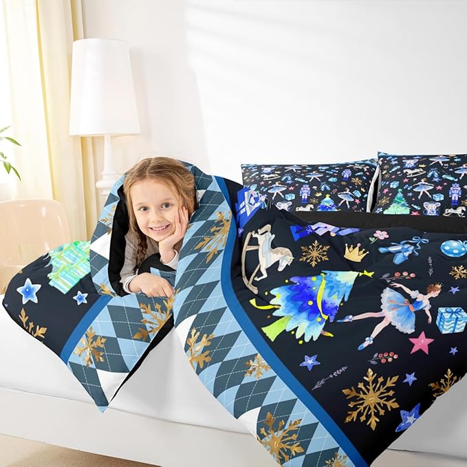 Feelyou Merry Christmas Kids Comforter Set Queen Size Ballet Nutcracker Bedding Set Snowflake Duvet Quilt for Kids Boys Girls Bedroom Decor Microfiber Ultra Soft Breathable