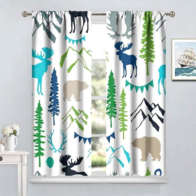 Forest Woodland Curtains, Wild Nature Bear Moose Deer Pine Trees Mountain Cabin Lodge Blackout Rod Pocket Windows Door Curtain for Bedroom Living Room Home Decor 63x72in
