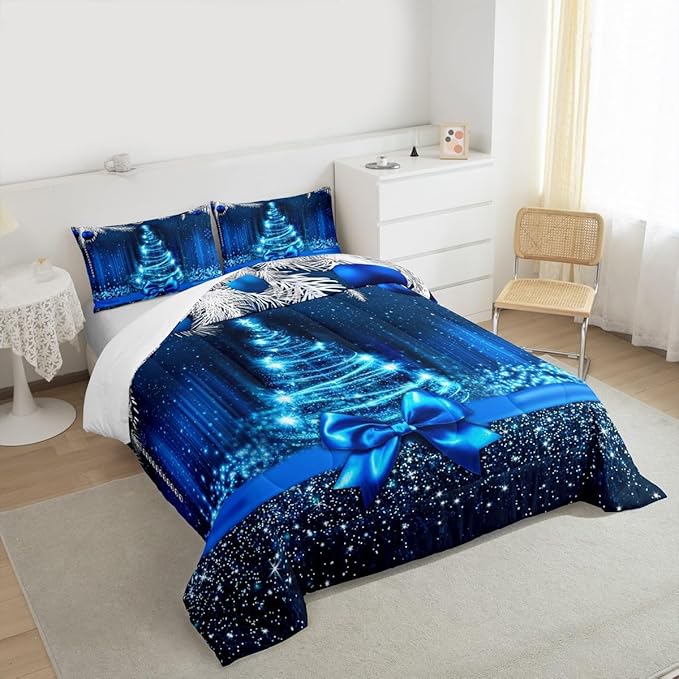 Merry Christmas Kids Comforter Set King Size,Snowflake Christmas Tree Bowknot Bedding Set,Girls Boys Adults Xmas Decor,Blue Gradient Line Glitter Down Comforter,Romantic Duvet Insert,2 Pillowcases