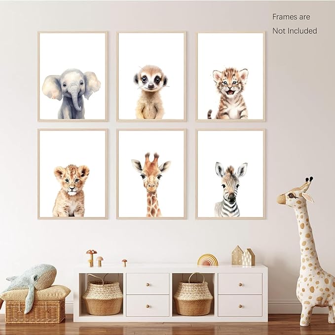 Wodkwq Nursery Wall Art Safari Animal Canvas Prints Baby Girl Boy Room Decor Poster Pictures Cute Jungle Theme Toddler Room Decoration Painting Set of 6 for Kids Bedroom Bathroom 8x10in Unframed