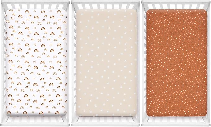 PHF 3 Pack Soft Rainbow Crib Sheets Fitted, Silky Comfy Breathable Baby Sheets for Boys Girls Neutral, 28x52 Inches Fits Standard Crib and Toddler Mattresses, Rainbow