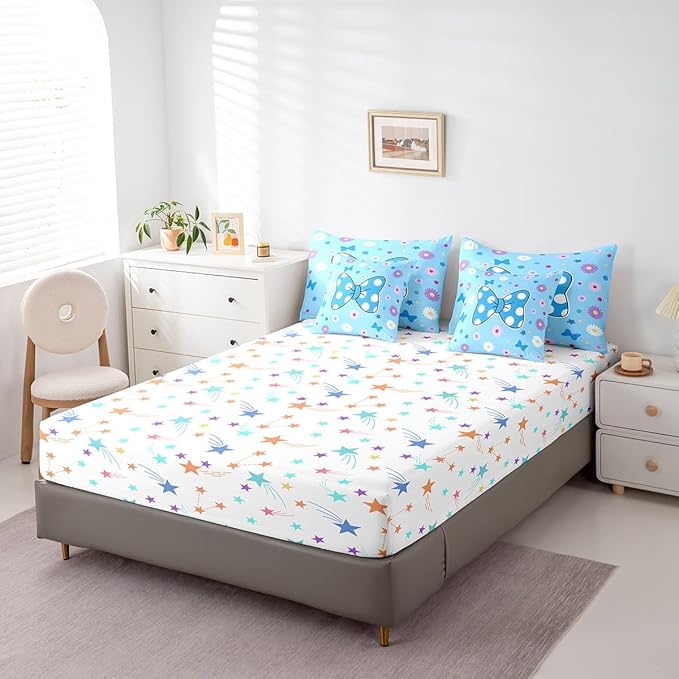 7 Pieces Blue Bowknot Kids Comforter Set Queen,Daisy Flowers Geometric Dot Patchwork Bedding Set,Star Bow Tie Princess Cute Dreamy（Comforter+Fitted+Flat Sheet+2 Pillowcases+2 Throw Pillow Covers）