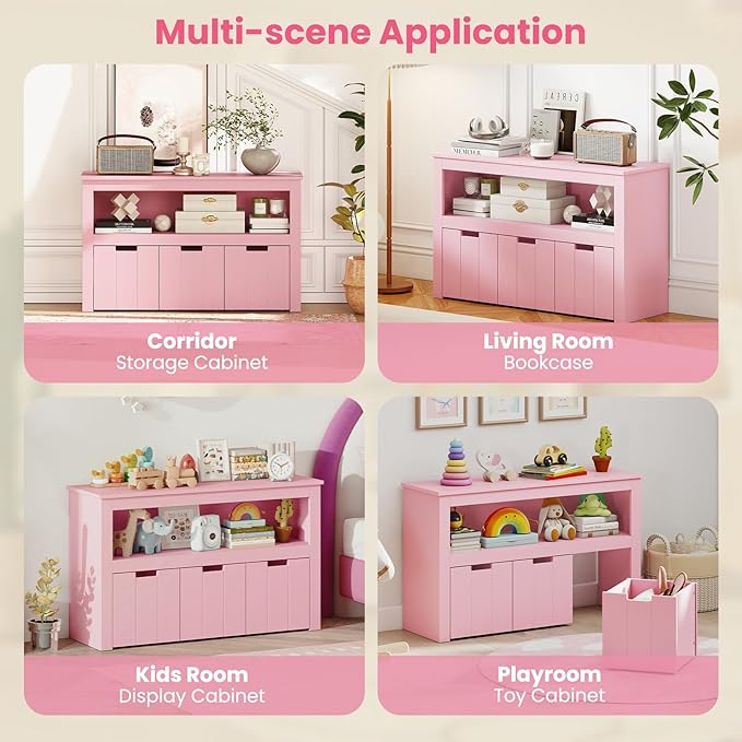 Costzon Toy Storage Cabinet, Toy Chest w/ 3 Removable Drawers, Wheels & Spacious Tabletop, Toddler Storage Organizer for Kids Room, Playroom & Nursery (Pink, 13" D x 40" W x 24.5" H (3 Drawers))