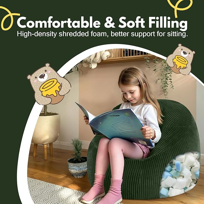 COMAX Bean Bag Chairs for Kids, Toddler BeanBag Sofa with Filler Bean Couch Stuffed for Boys and Girls, Lazy Floor Chair for Playroom, Nursery Room, Green