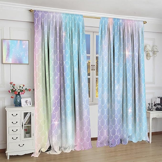 Mermaid Curtains, Kids Cartoon Watercolor Sea Animals Mermaid Princess Scales Pattern Print Living Room Decoration for Kids Girls Bedroom Nursery 84x84 Inch