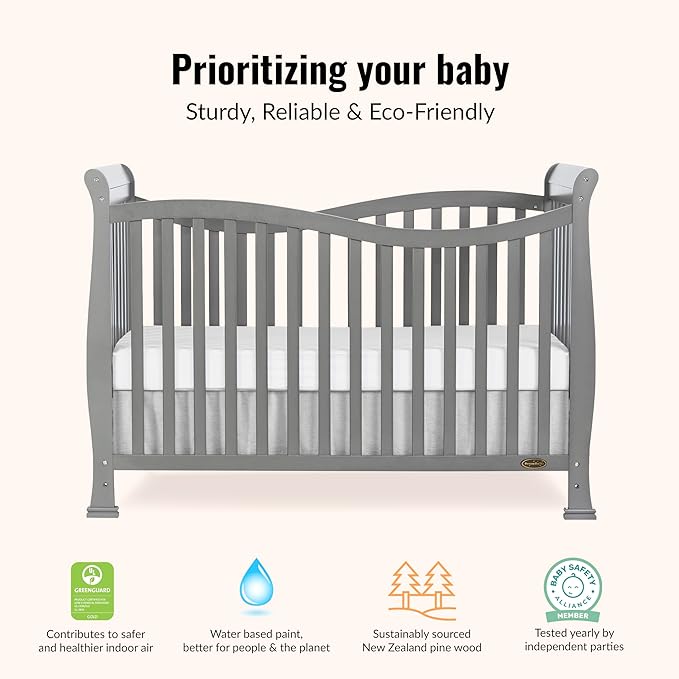 Dream On Me Violet 7-in-1 Convertible Full-Size Baby Crib with Toddler, Day & Full Bed Conversion in Steel Grey, GreenGuard Gold & JPMA, 4 Mattress Heights, Sustainable Pinewood