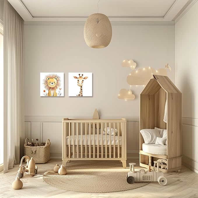 Baby Animal Framed Canvas Wall Art Set of 2 - Cute Baby Lion Giraffe Paintings Posters Woodland Animals Pictures Prints for Kids Room Bedroom Decor(Artwork-03, 24"x24"x2P)