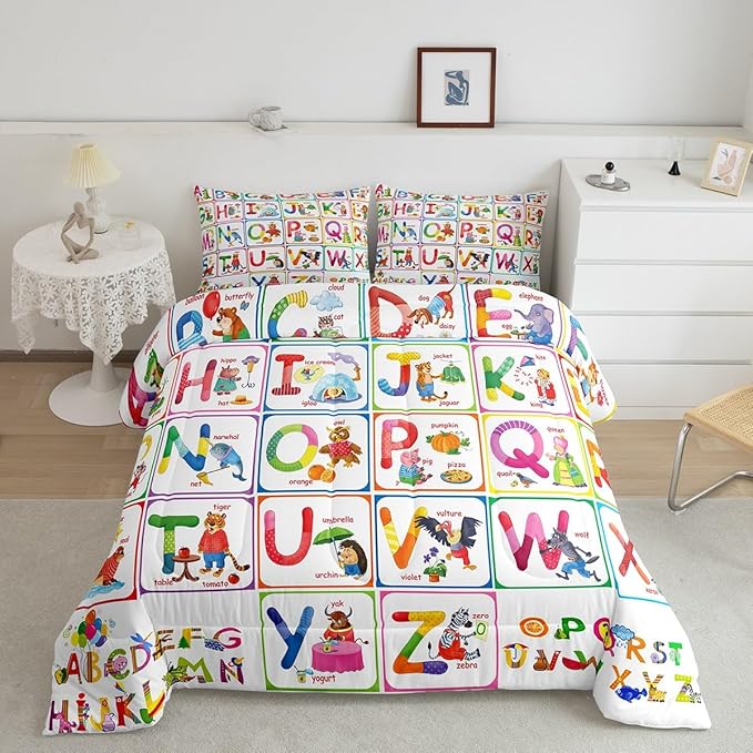 Feelyou ABC Alphabet Bedding Set Queen, Cartoon Zoo Animal Comforter Educational Learning Comforter Set for Kids Boys Girls Colorful Alphabet Duvet Set with 2 Pillow Case