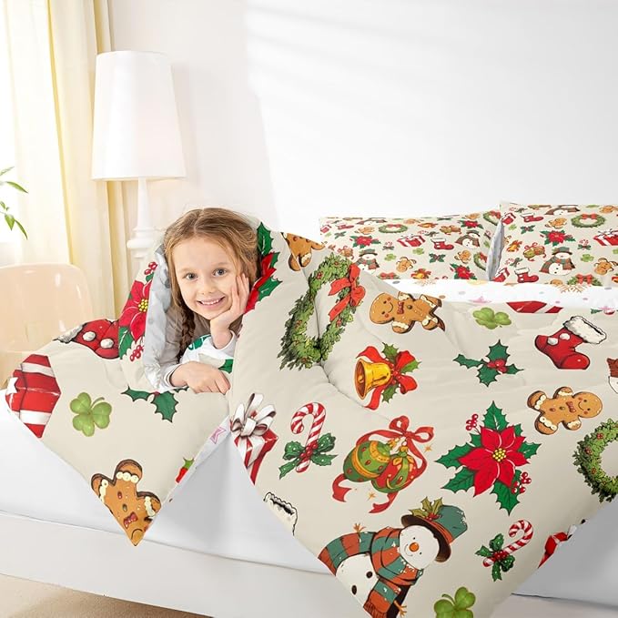 jejeloiu Merry Christmas Comforter Set King Size Cute Snowman Bedding Set for Kids Boys Girls Gingerbread Man Duvet Quilt Beige Bedroom Decor
