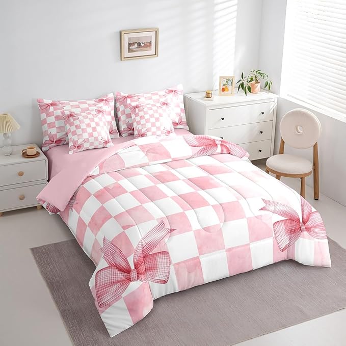 7 Pieces Pink Bowknot Kids Comforter Queen,Geometric Grid Checkered Patchwork Fashion Bedding Set,Bow Tie Knot Princess Chic Unique（Comforter+Fitted+Flat Sheet+2 Pillowcases+2 Throw Pillow Covers）