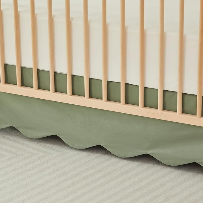 Brandream Scallop Edge Cotton Crib Skirt Toddler Bedskirt Baby Nursery Crib Bed Skirt Boho Bohemian Neutral Solid Color Vintage Sage Green Farmhouse Chic Boho Bohemian Skirt