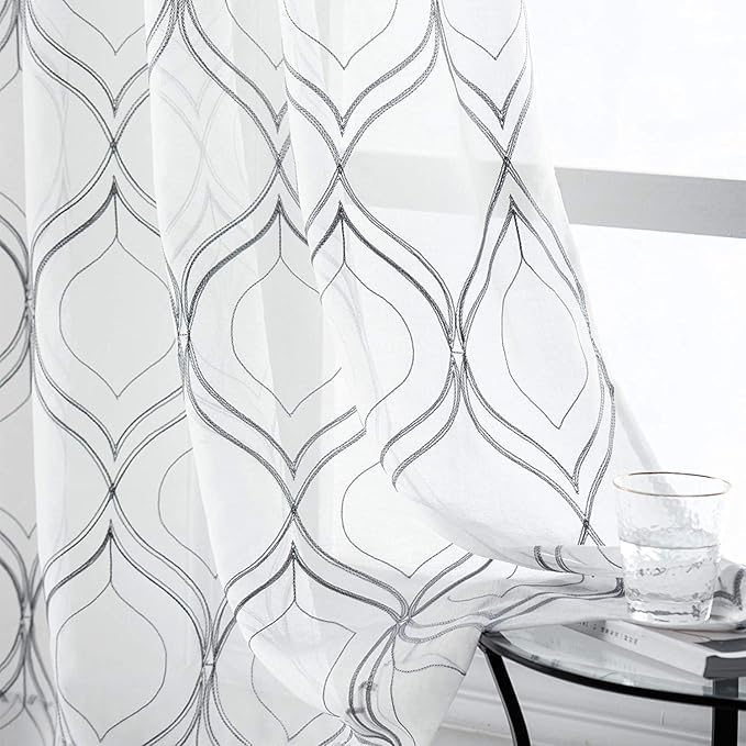 VISIONTEX White Sheer Curtains 120 Inches Long 2 Panels Set Grey Moroccan Embroidered Curtains Trellis French Textured Rod Pocket Voile Tulle Semi Window Drapes for Bedroom Living Room 54 x 120 Inch