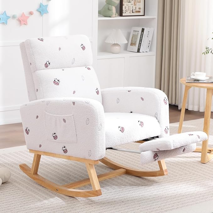Rocking Chair Nursery with Foot Rest, Nursing Rocking Chairs for Mom Breastfeeding, Teddy Rocker Glider Chair with High Backrest for Living Room, Bedroom, Cow Printed White