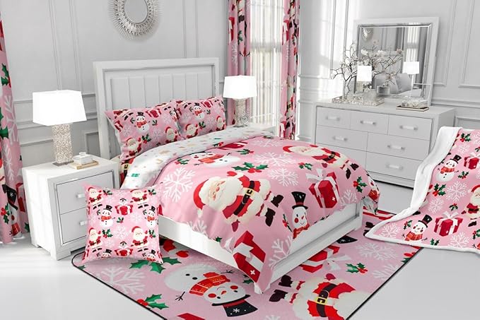 jejeloiu Merry Christmas Comforter Set Queen Size Xmas Santa Claus Bedding Set for Kids Boys Girls Cute Snowman Duvet Quilt Pink Bedroom Decor