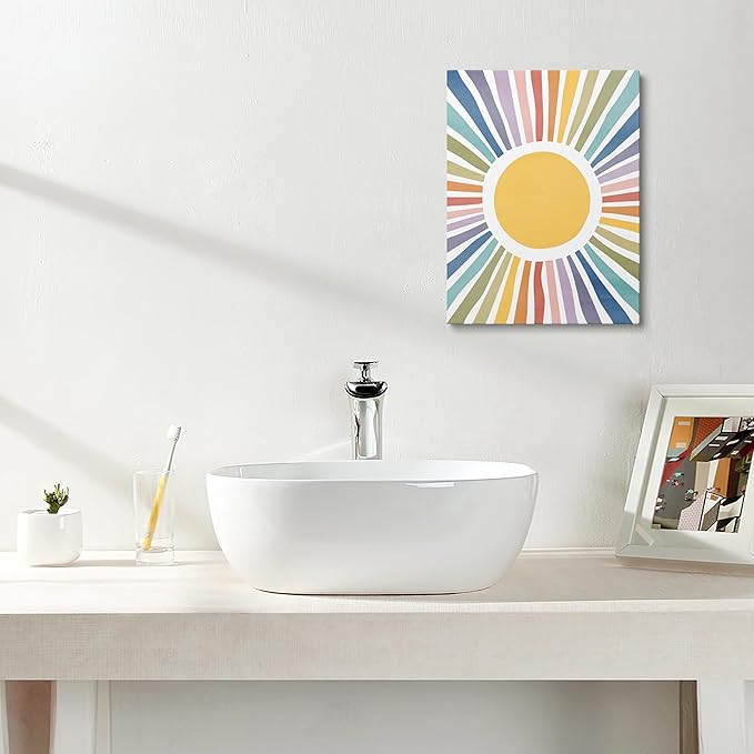 XWELLDAN Cute Cartoon Sun Cheerful Nursery Wall Art Canvas Prints,Watercolor Boho Neutral Sun Sunshine Wall Art Decor for Kids Baby Bedroom Nursery Playroom, 11 x 14 Inch, Framed