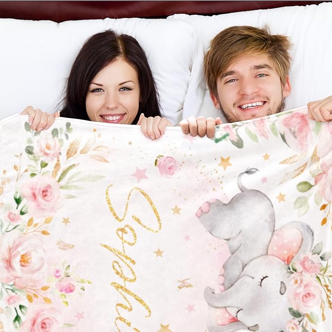 Elephant Blanket Personalized Baby Blanket with Name for Girl, Custom Name Blanket for Newborn Girl, Soft Flannel Toddler Blanket Customized Gift for Birthday Christmas Baby Shower 60" X 80"