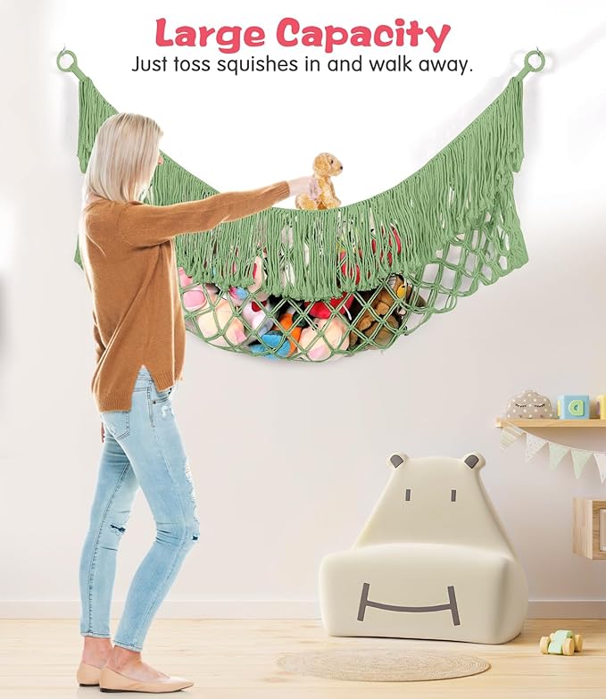 Stuffed Animal Hammock - Extra Large 63'' Long, Stuffed Animal Storage, stuffed animal Holder net, Toy Hammock Large, Toy Storage Hanging Organizer - Bean paste green