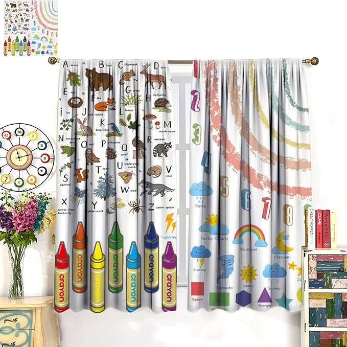 Kids Alphabet Curtain, Funny Cartoon Animal Rainbow Learning, Educational Boys Girls Children Printed Rod Pocket Blackout Window Treatments for Bedroom Living Room Nursery 42" W X 54" L