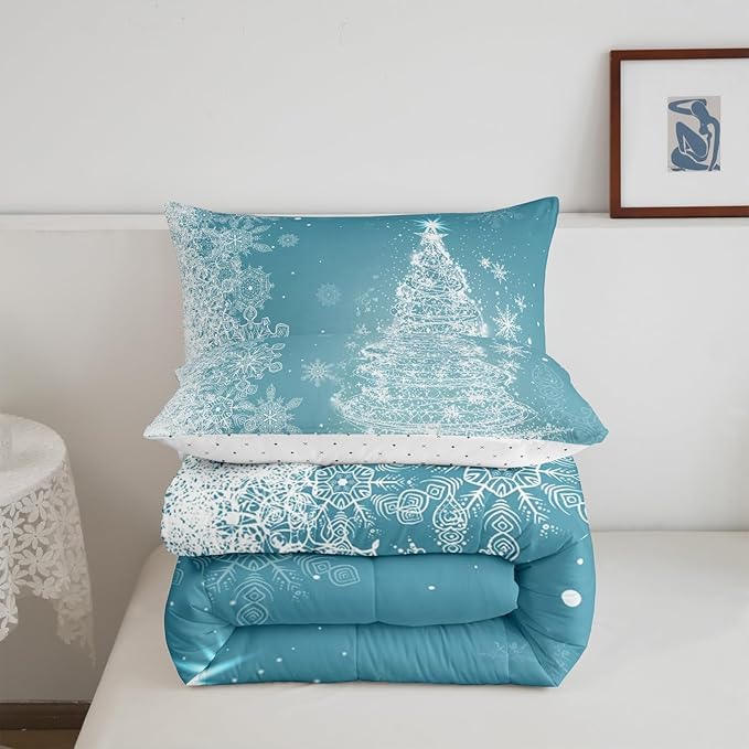 Merry Christmas Comforter Set Toddler Size,Shiny Glitter Xmas Pine Trees White Dots Decor Bedding Set for Kids Boys Girls,Blue Stars Snowflake Prubr Quilted Duvet Set with 1 Pillowcase, Soft