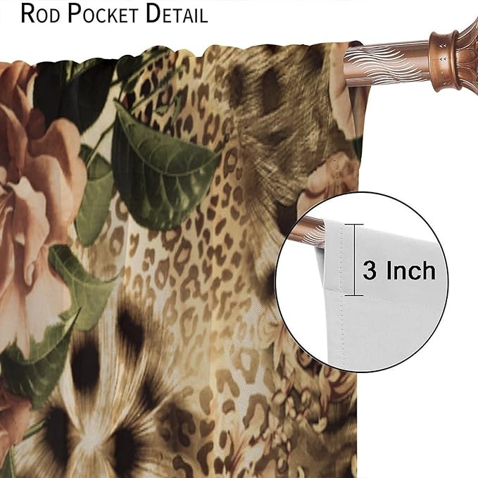 Leopard Floral Blackout Curtains, Cute Boho Floral Cheetah Animal Pattern Safari Natural Theme Window Treatments for Bedroom Living Room 84" W X 84" L