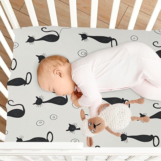 Crib Sheet, Unisex Crib Sheet, Soft and Comfortable for Standard Crib and Toddler Mattress, Black Cat