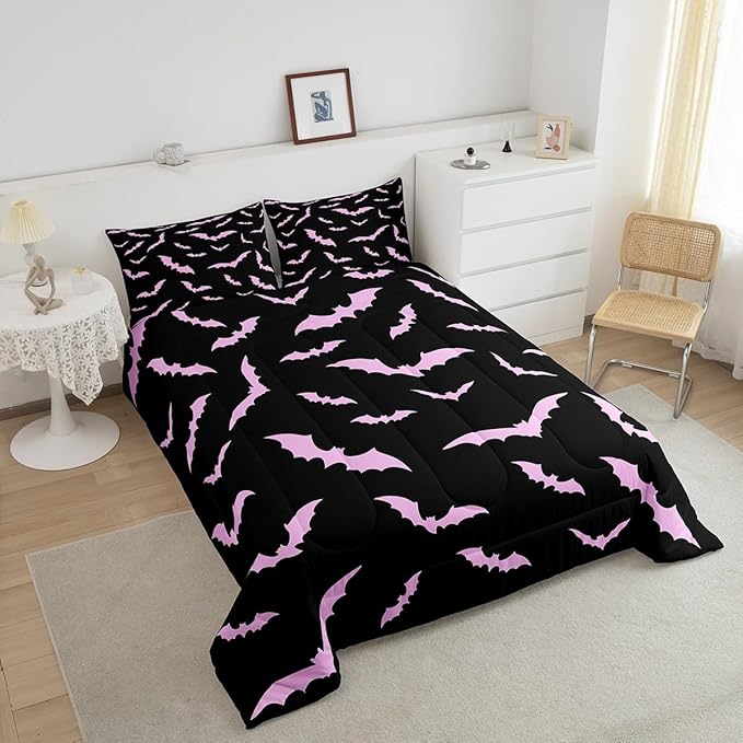 Erosebridal Halloween Bedding Set Toddler Size for Kids Boys Youth Pink Bats Comforter Set Happy Holiday Gothic Quilt with 1 Pillow Case Spooky Animal Bedding Comforter Sets