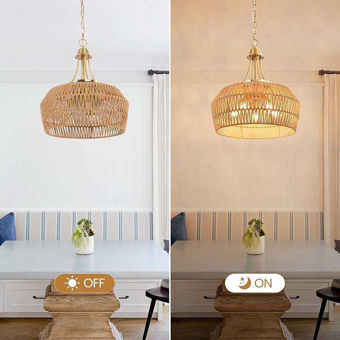 18.5'' Rattan Chandeliers for Dining Room, 5-Light Boho Pendant Light, Hand Woven Lampshade for Kitchen Island, Bedroom, Living Room, Height Adjustable