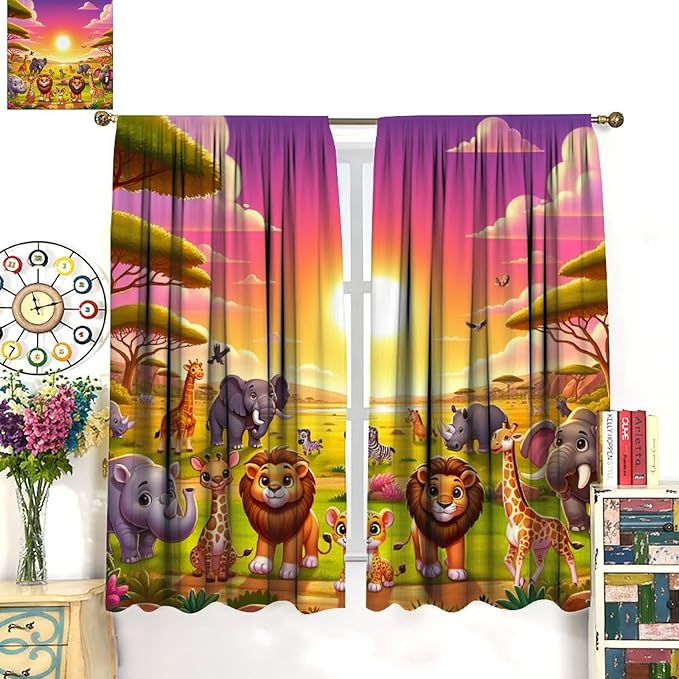 West Animal Curtains Kids Boys Girls Window Treatment Africa Cartoon Animals Lion Elephant Giraffe for Nursery Baby Bedroom Playroom Decor Window Drapes 42" W X 45" L