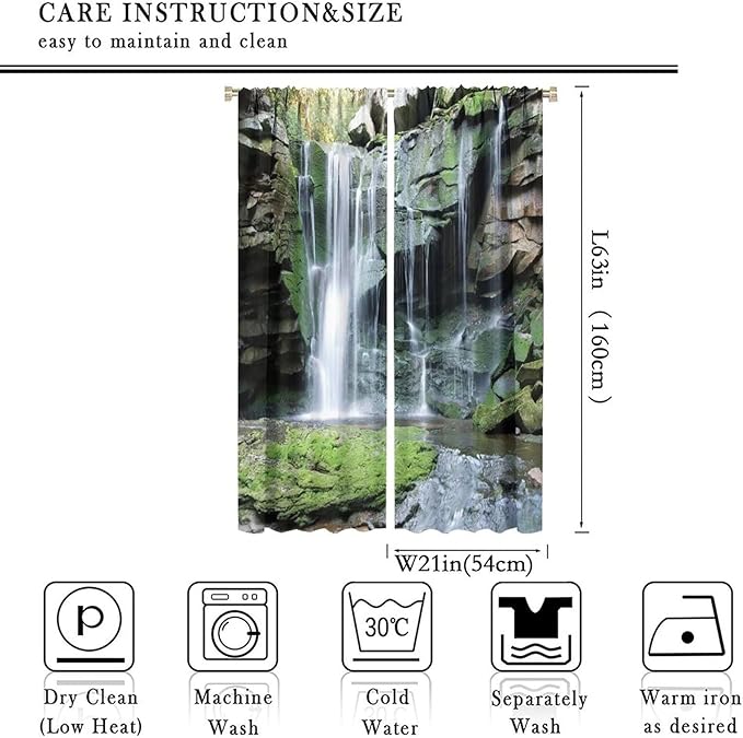 Forest Waterfall Blackout Windows Curtains, Rocky Waterfall to Pond Running Off Scenic Nature Themed Picture Print Curtains, for Living Room Bedroom 42x63in 2 Panels