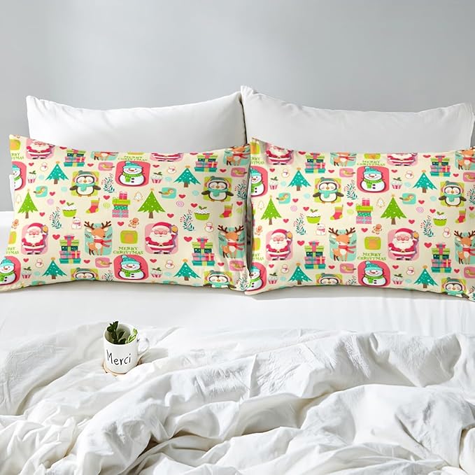 Christmas Comforter Cover Cartoon Santa Claus Snowman Flower Bedding Set Cute Penguin Deer Duvet Cover for Children Boys Girls Microfiber Gift Boxes Bedspread Cover Room Decor Bedclothes Full Size