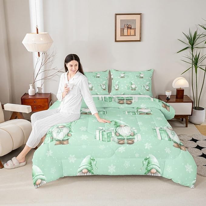 Feelyou Green Christmas Comforter Set All Season Scandinavian Christmas Santa Gnomes Bedding Set with 2 Pillow Cases Xmas Snowflake Kids Full Bedclothes Bedroom Decor Breathable Soft