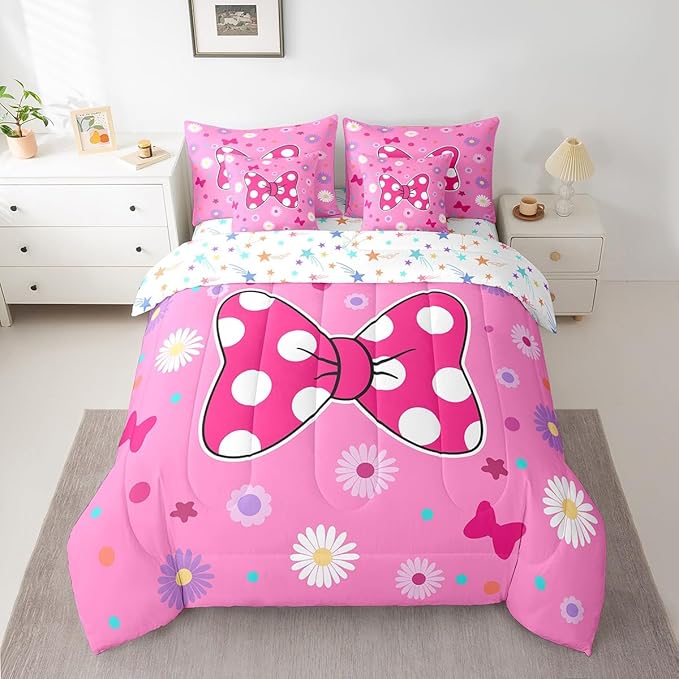 7 Pieces Pink Bowknot Kids Comforter Set King,Daisy Flowers Geometric Dot Patchwork Bedding Set,Bow Tie Cute Princess Dreamy Chic（Comforter+Fitted+Flat Sheet+2 Pillowcases+2 Throw Pillow Covers）