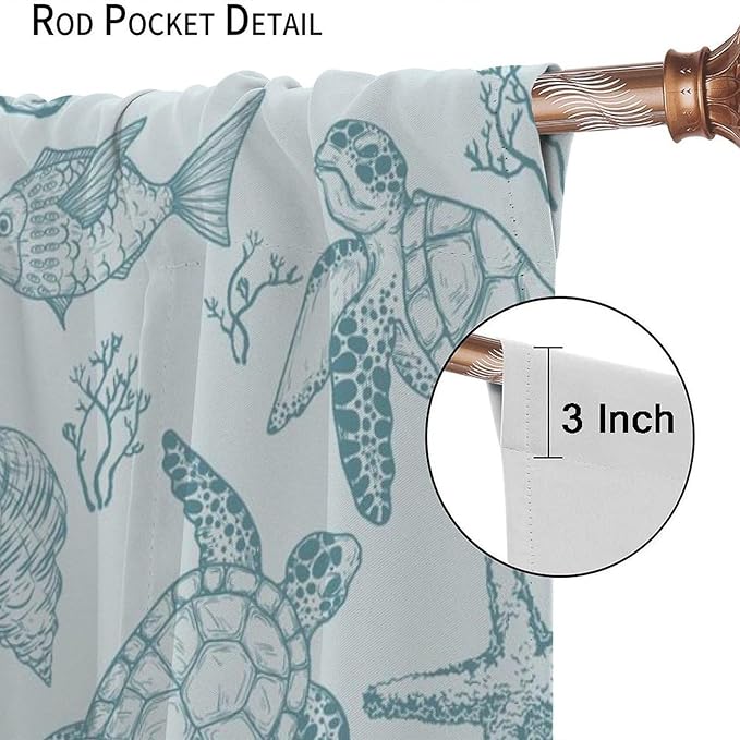 Turtle Starfish Curtains,Coral Starfish Seashell Beach Sea Seashell Theme Pattern Blackout Print Home Bedroom Living Room Window Treatmen 2 Panel Set 72x63 Inch