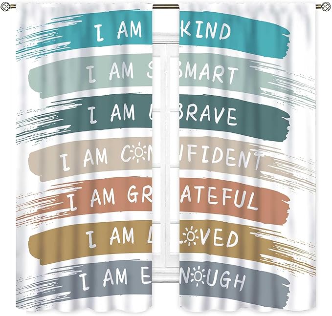 Rainbow Curtains for Classroom, Kids Girls Baby Boho Cute Inspirational Motivational Quotes Cartoon Colorful Pastel Nursery Classroom Bedroom Living Room Bathroom Window Drapes 2 Panels, 42"x63" Inch