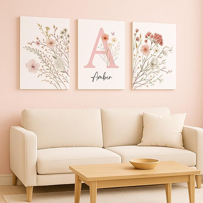 Personalized Girls Nursery Wall Art - Custom Name Pink Floral Butterfly Canvas Print 3pc Framed Wrapped Canvas for Bedroom Living Room Entryway Study Room Initial Wall Decor Baby Shower Birthday Easter Graduation New Year Valentine's Day Gift (60×90cm/...