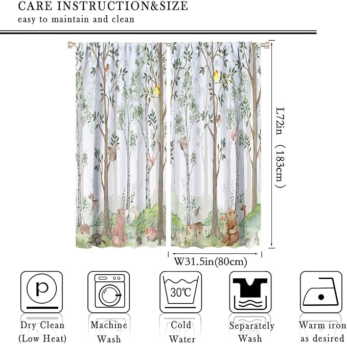 Kids Watercolor Woodland Animal Window Curtains, Bear Deer Squirrel Hedgehog Fox Birds Green Forest Blackout Rod Pocket Treatment for Boys Girls Bedroom 63x72in