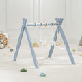 Comfy Cubs Wooden Baby Play Gym - Natural Finish Pinewood Baby Activity Gym with 5 Sensory Hanging Toys - Easy No-Tool Assembly, Safe and Durable for Infant Motor and Visual Development - Pacific Blue
