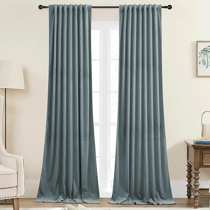 StangH Stone Blue Velvet Curtains 90 inches Long for Living Room, Back Tab Light Blocking Thermal Insulated Privacy Drapes for Nursery Bedroom Dining Room, W42 x L90, 2 Panels