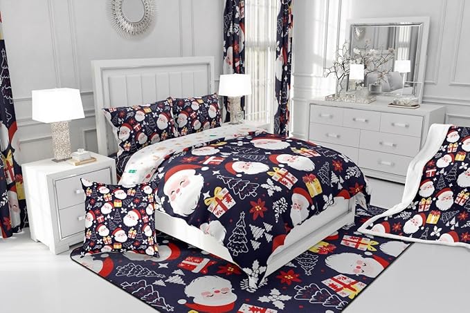 jejeloiu Santa Claus Comforter Set Queen Size Merry Christmas Bedding Set for Kids Boys Girls Xmas Themed Duvet Quilt Dark Blue Bedroom Decor